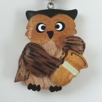 手作りの木製ストラップ　フクロウ＋サックス　◇ゆうパケット発送可 