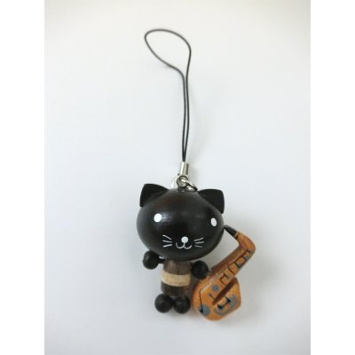 画像2: 手作りの木製ストラップ　黒猫＋サックス