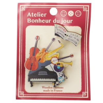 画像1: Atelier Bonheur du jour　木製ボタンピンブローチ　楽譜　ピアノと楽器　◇ゆうパケット発送可