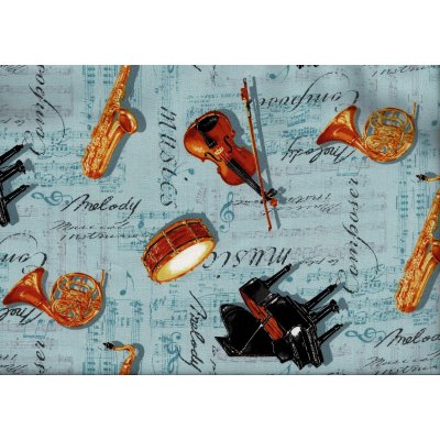 画像1: オックス生地　音楽　ブルー　幅110cm×12m
