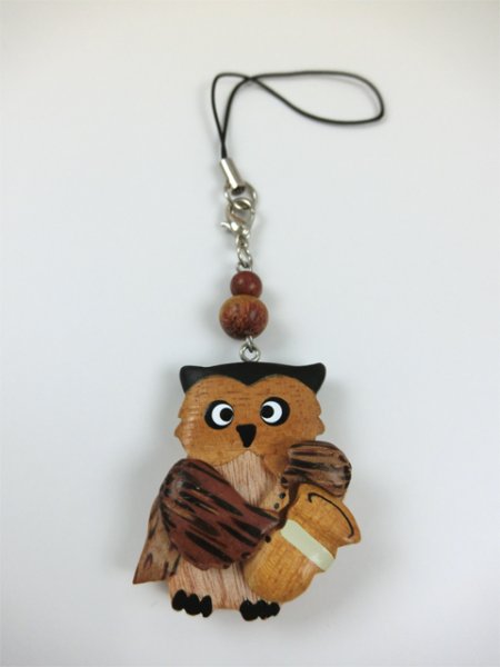 画像2: 手作りの木製ストラップ フクロウ+サックス ◇ゆうパケット発送可  (2)