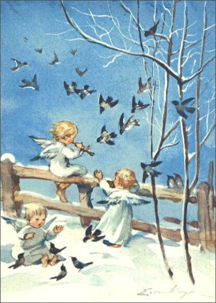画像1: ポストカード　クリスマス　ケーガー「音楽を奏でる3人の天使と小鳥たち」　◇ゆうパケット発送可 (1)